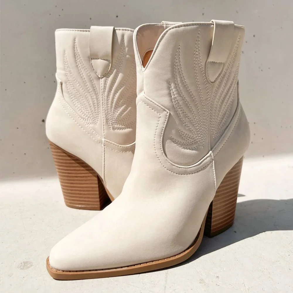 NEW Beige Distress Nubuck PU Western Cowboy Block Heel Ankle Booties Boots Shoe - Picture 5 of 12
